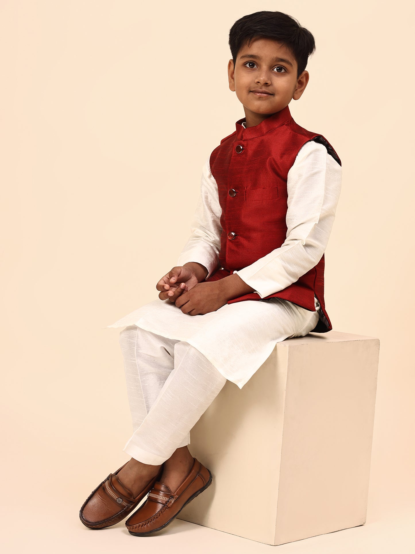Karnam Junior - Boys Maroon Silk Jacket Set