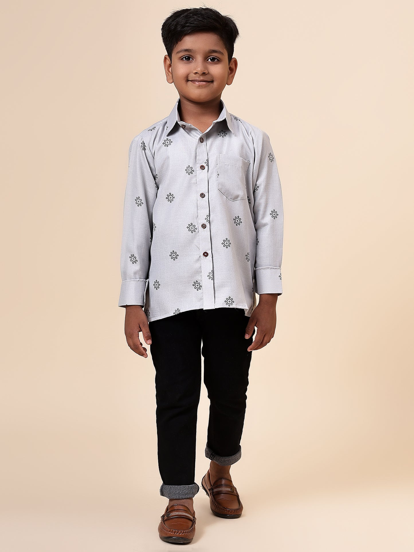 Karnam Junior - Boys Grey Printed Cotton Shirt