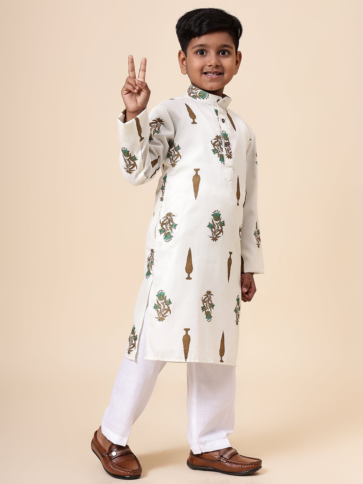 Karnam Junior - Boys Cream Foliage Printed Cotton Long Kurta Top