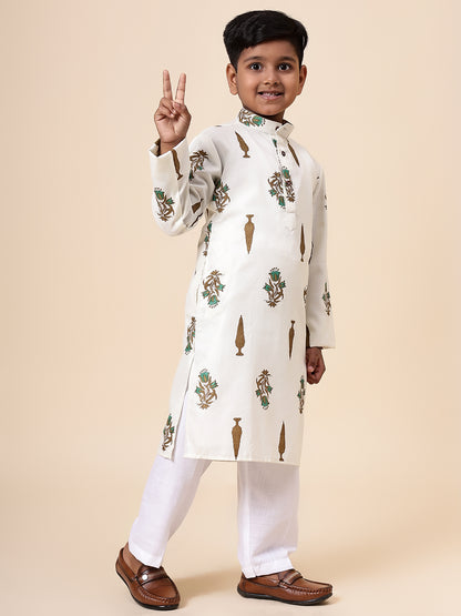 Karnam Junior - Boys Cream Foliage Printed Cotton Long Kurta Top