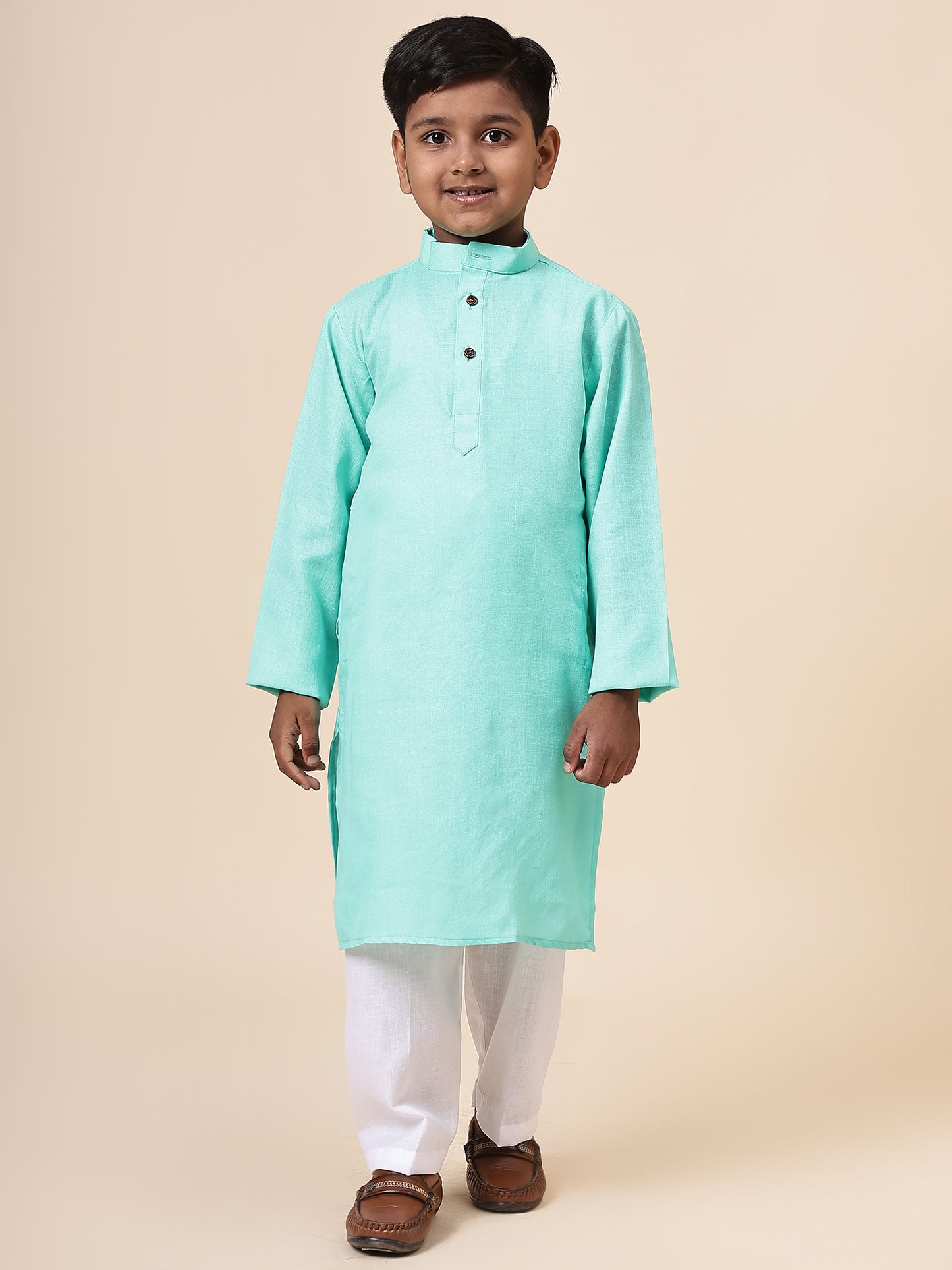 Karnam Junior - Boys Turquoise Blue Cotton Kurta Set