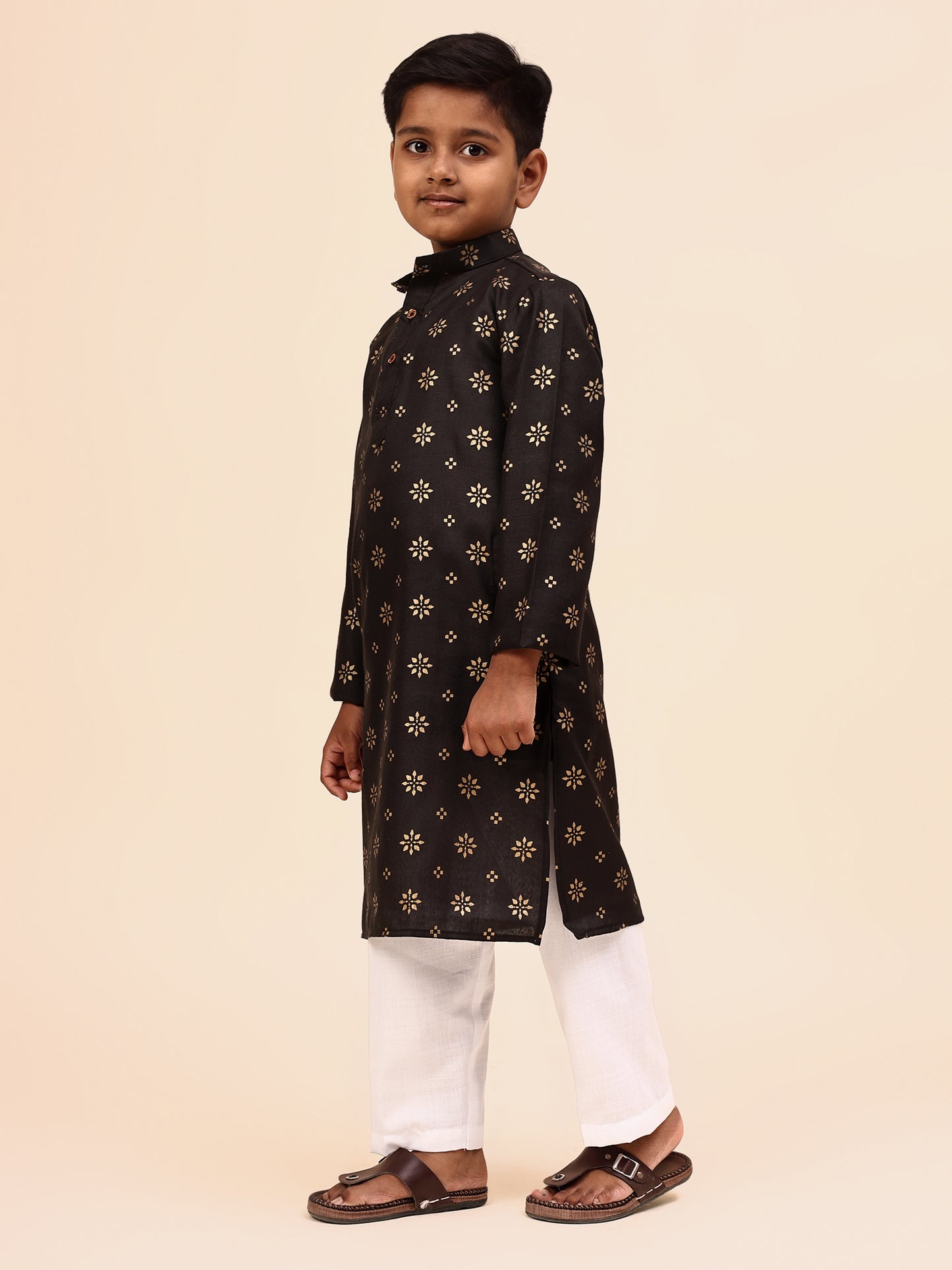 Karnam Junior - Boys' Black Kurta with Golden Print and White Pajama Set