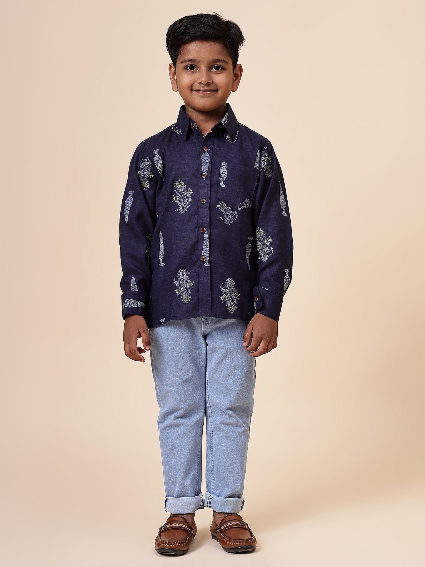Karnam Junior - Boys Navy Blue Foliage Printed Cotton Shirt