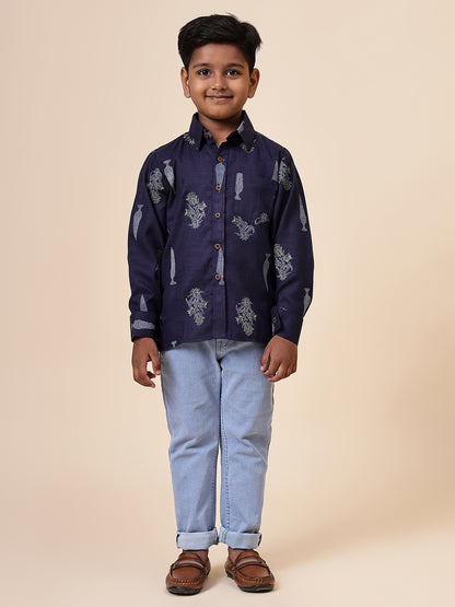Karnam Junior - Boys Navy Blue Foliage Printed Cotton Shirt