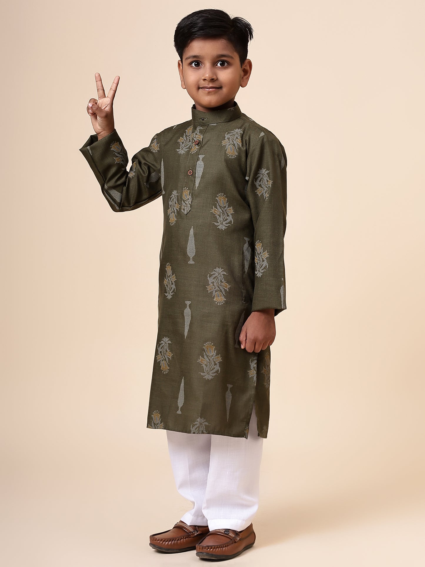 Karnam Junior - Boys Olive Green Foliage Printed Cotton Long Kurta Top