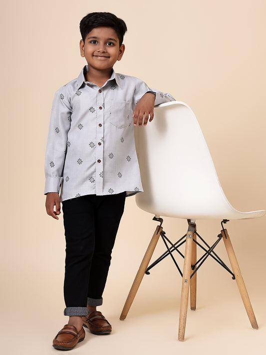 Karnam Junior - Boys Grey Printed Cotton Shirt