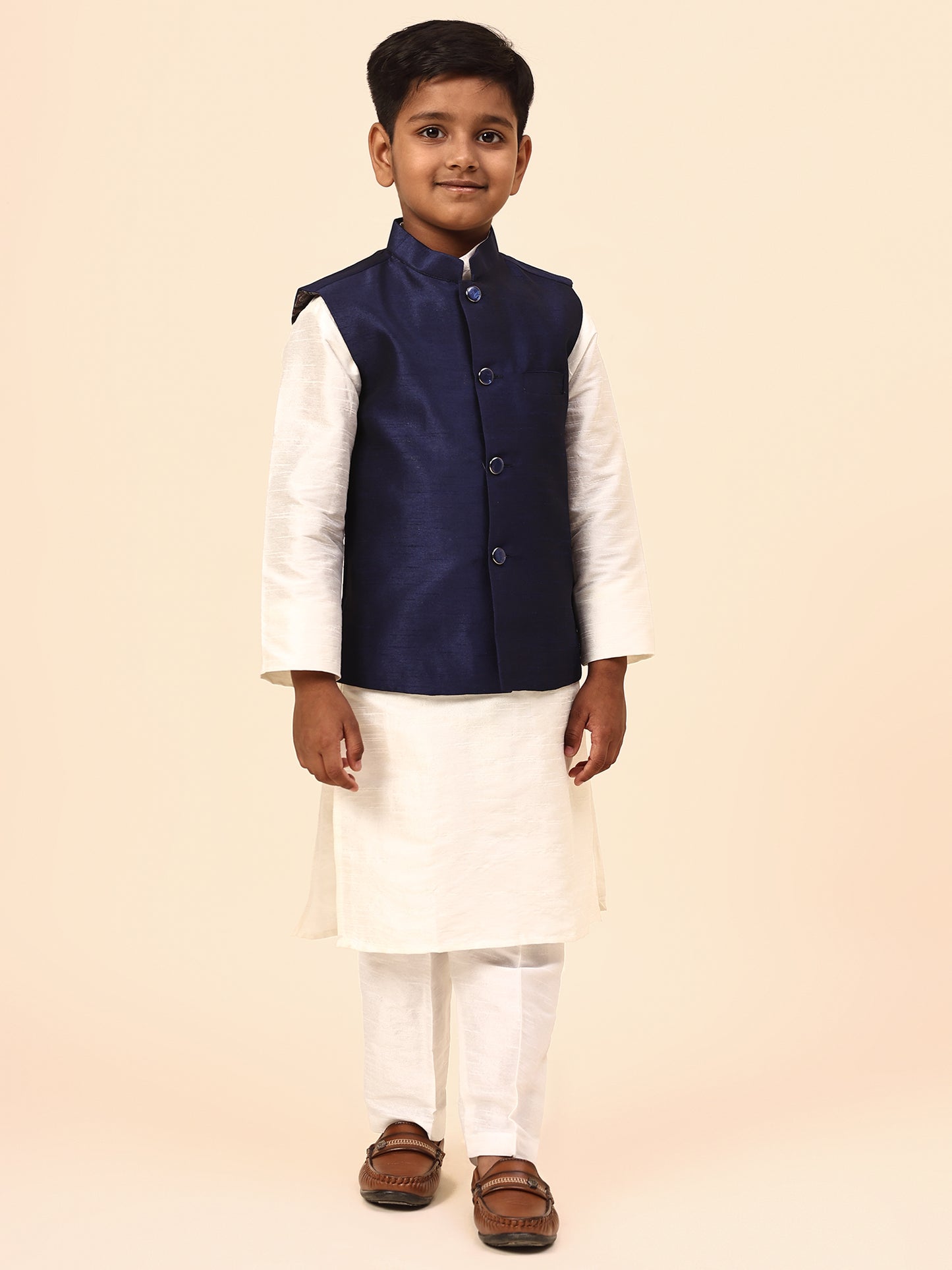 Karnam Junior - Boys Navy Blue Silk Jacket Set