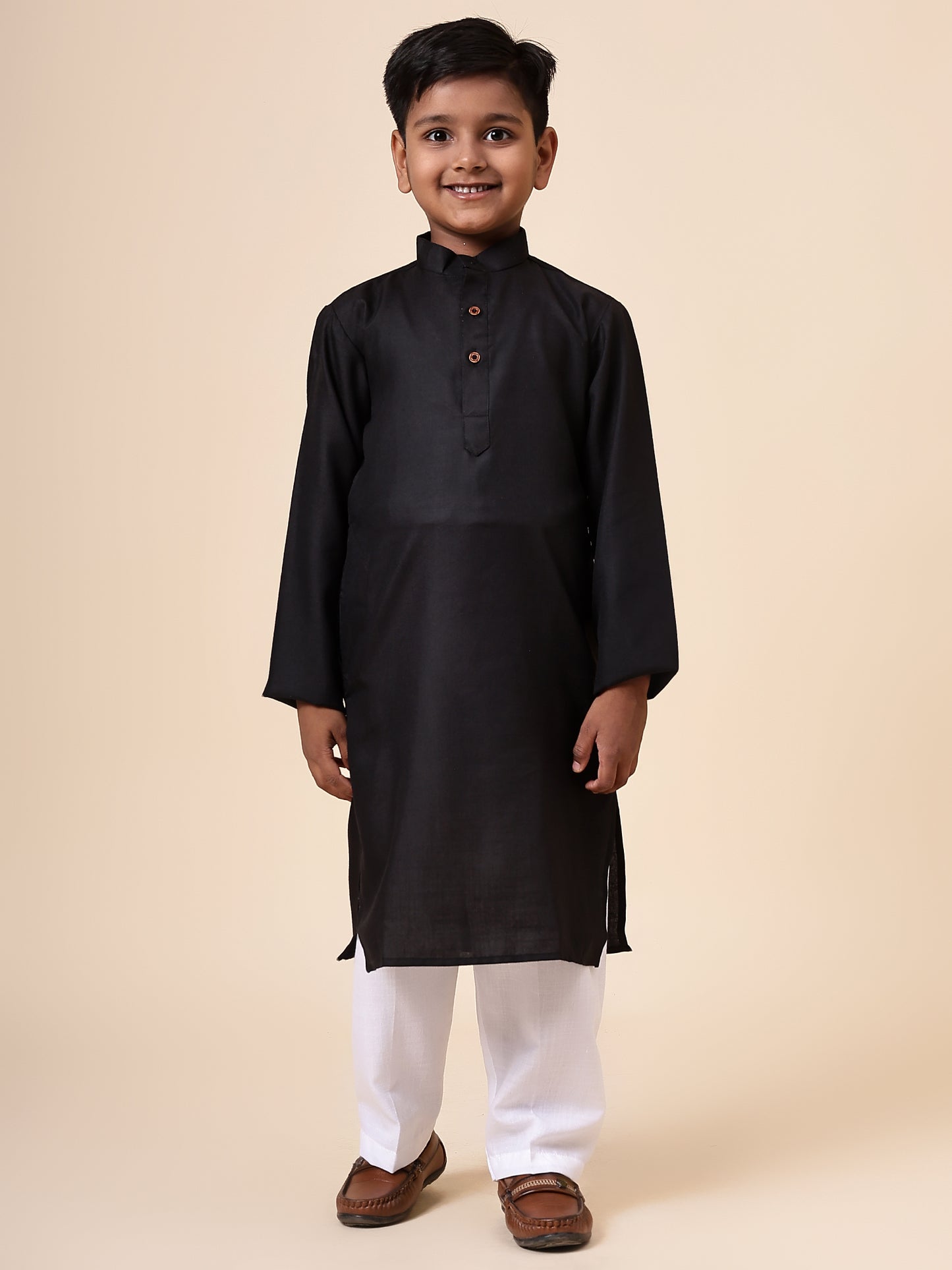 Karnam Junior - Boys Black Cotton Kurta Set