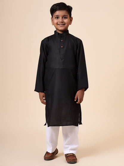 Karnam Junior - Boys Black Cotton Kurta Set
