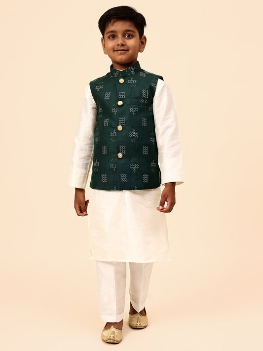 Karnam Junior - Boys Bottle Green Square Printed Jacket Set