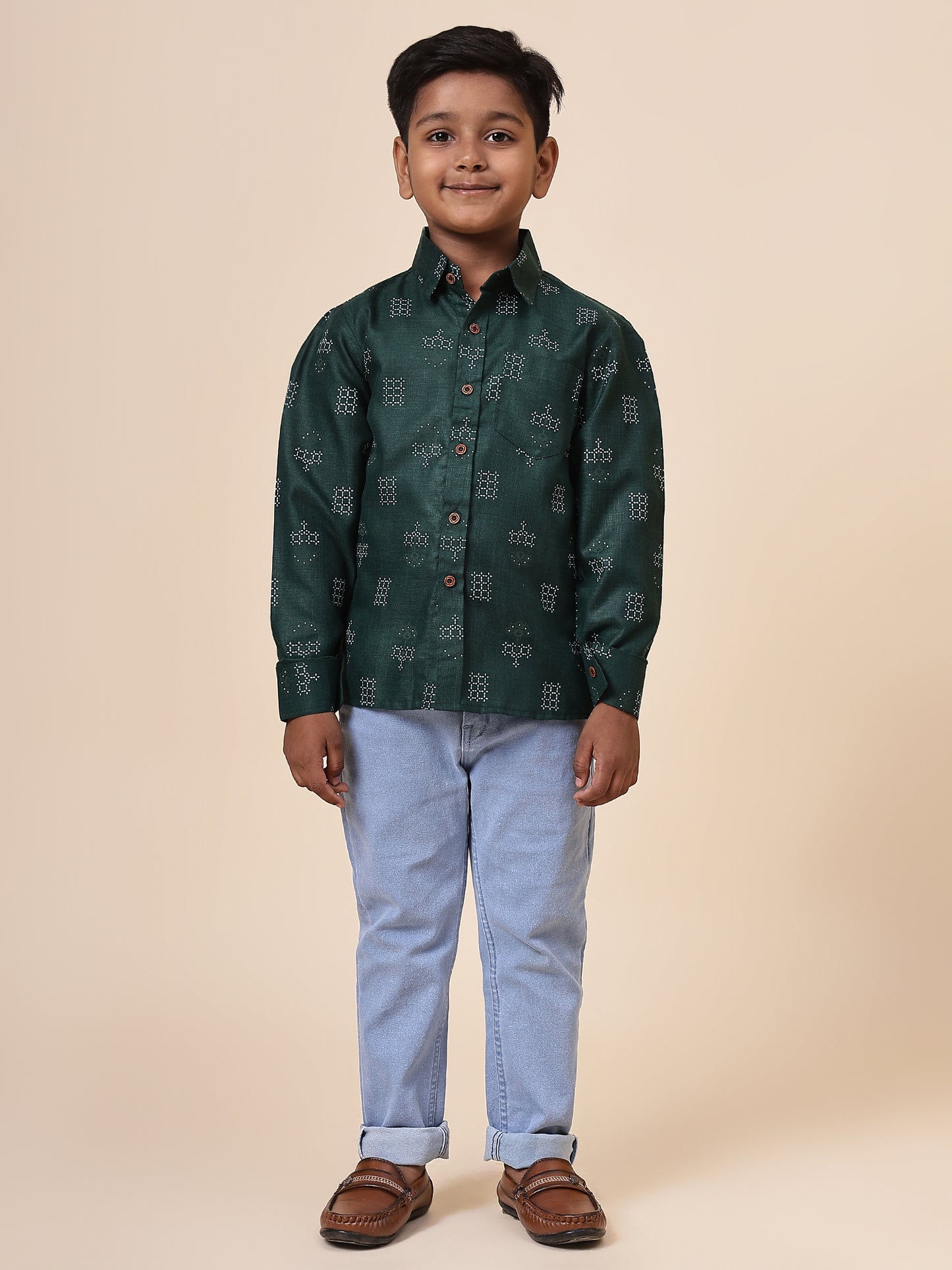 Karnam Junior - Boys Bottle Green Square Printed Cotton Shirt