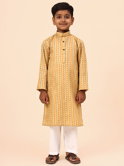 Karnam Junior - Boys Yellow Printed Cotton Long Kurta Top