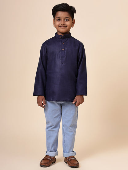 Karnam Junior - Boys Navy Blue Cotton Short Kurta