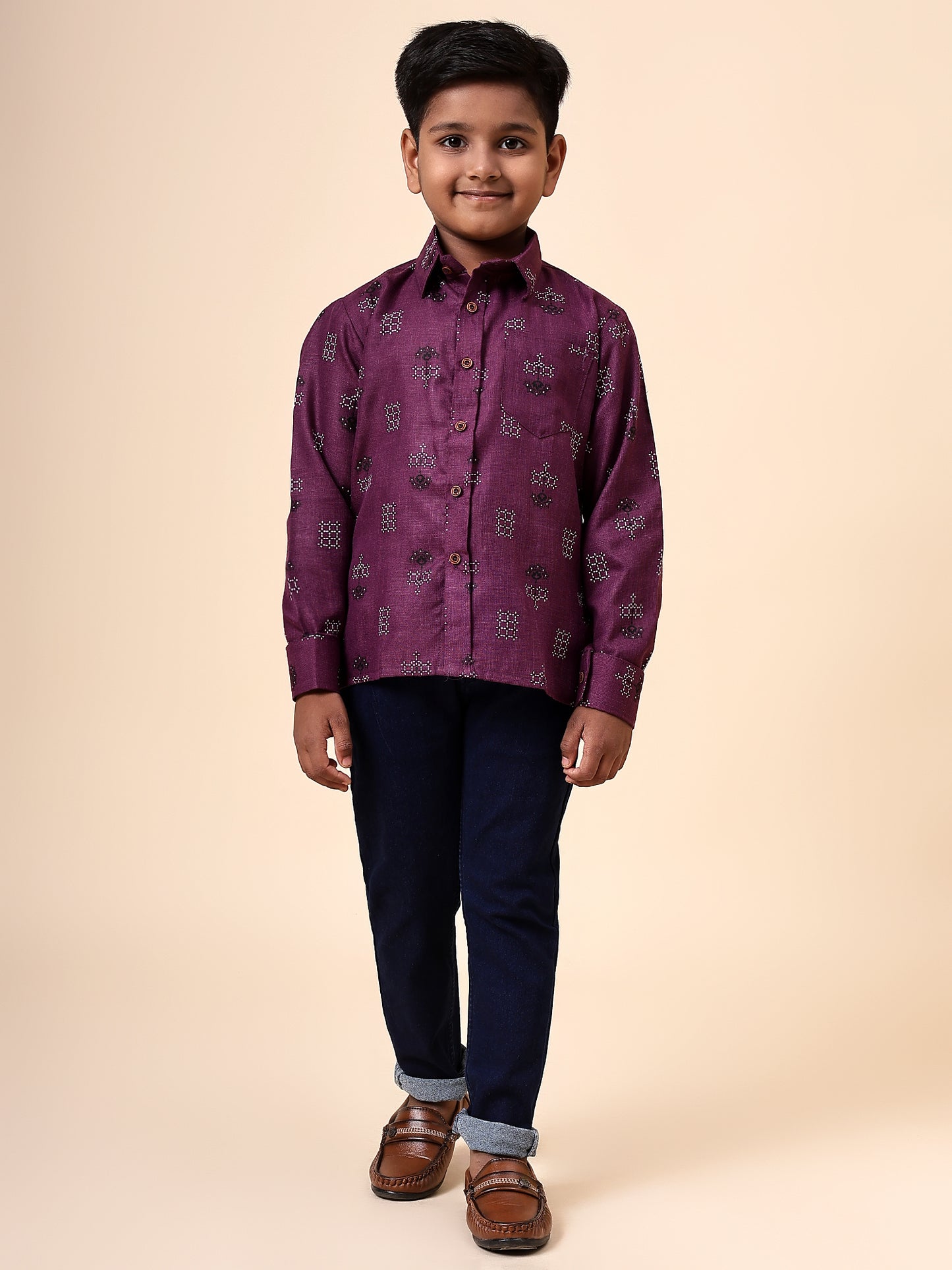 Karnam Junior - Boys Purple Square Printed Cotton Shirt
