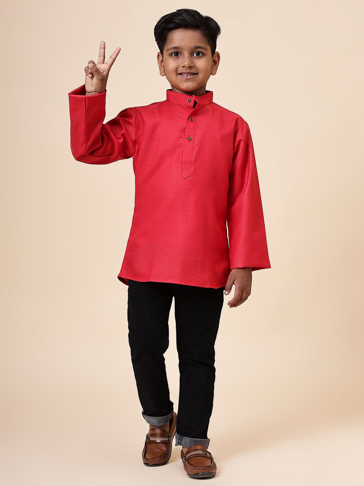 Karnam Junior - Boys Pink Cotton Short Kurta