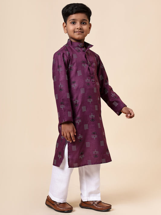 Karnam Junior - Boys Purple Square Printed Cotton Long Kurta Top