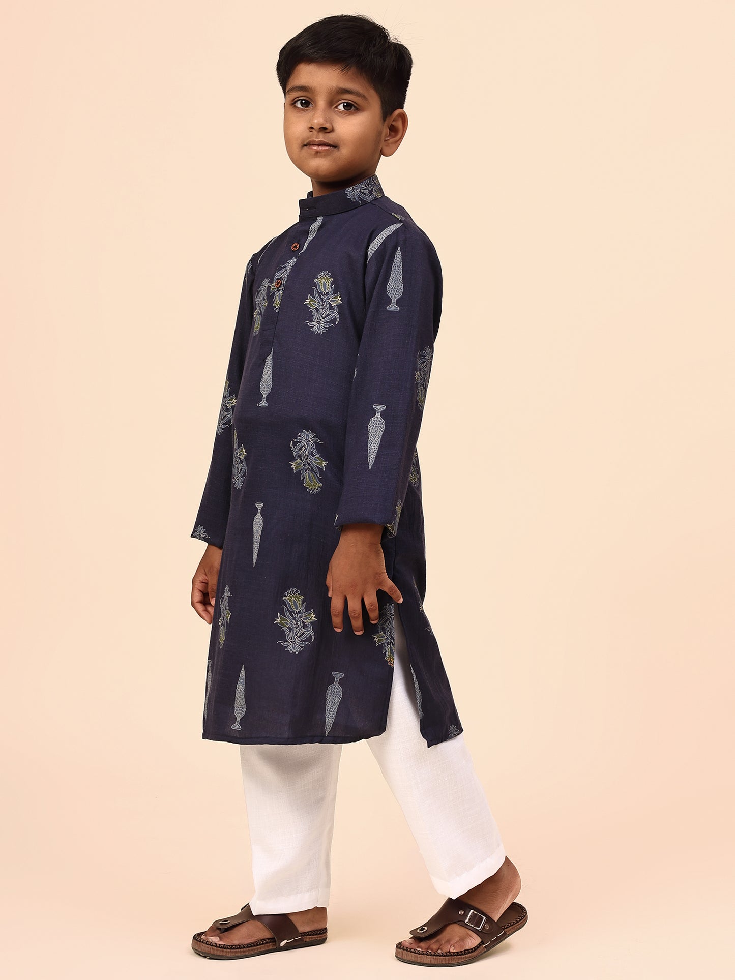 Karnam Junior - Boys Navy Blue Foliage Printed Cotton Long Kurta Top