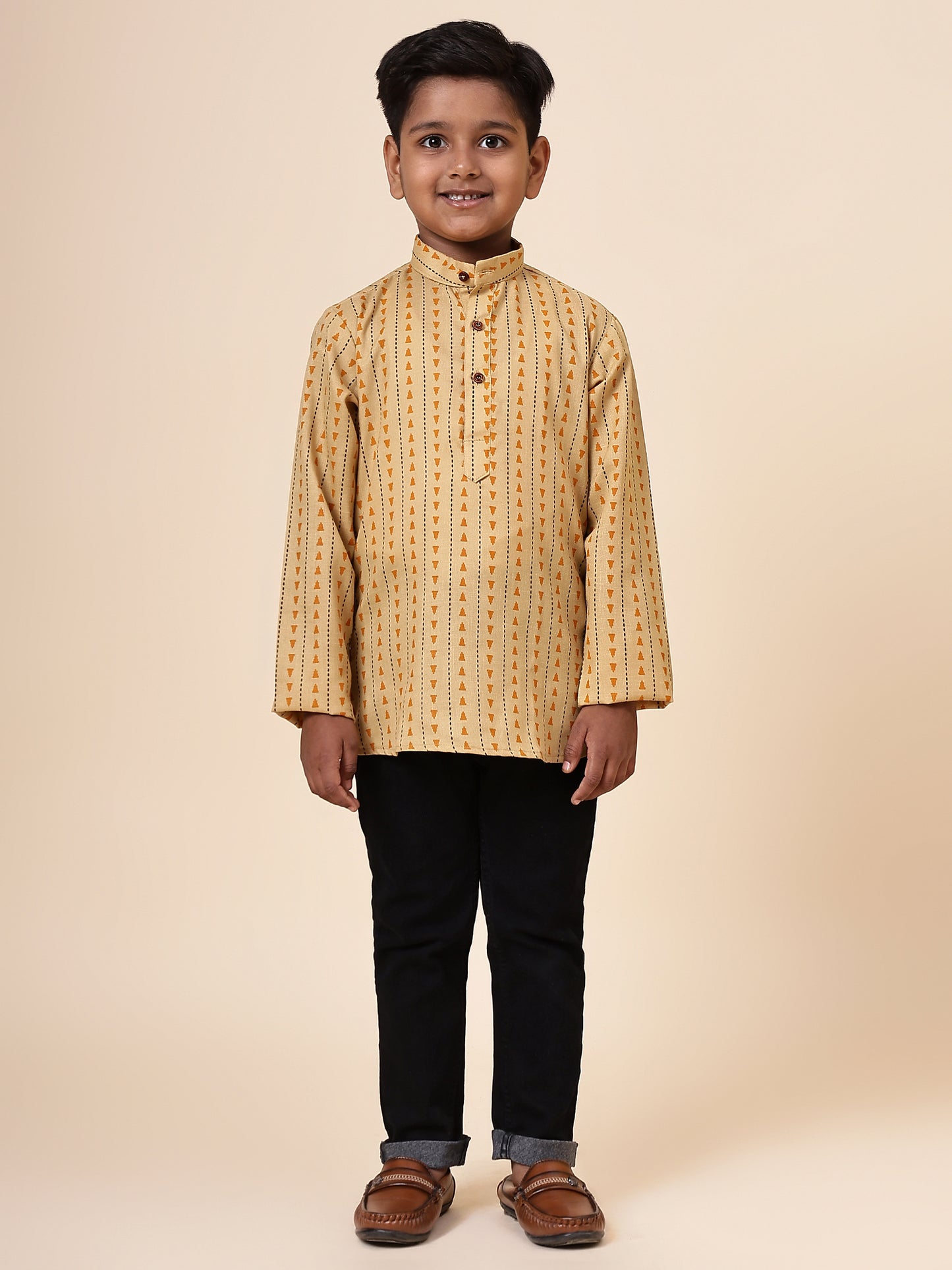 Karnam Junior - Boys Yellow Printed Cotton Short Kurta