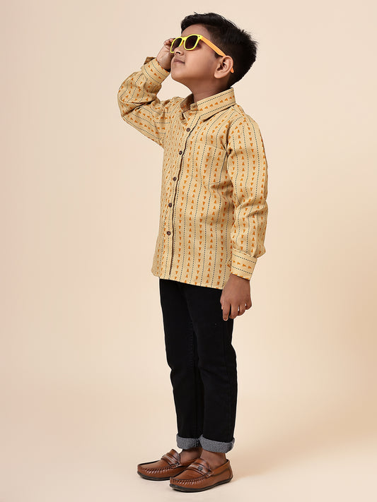 Karnam Junior - Boys Yellow Printed Cotton Shirt