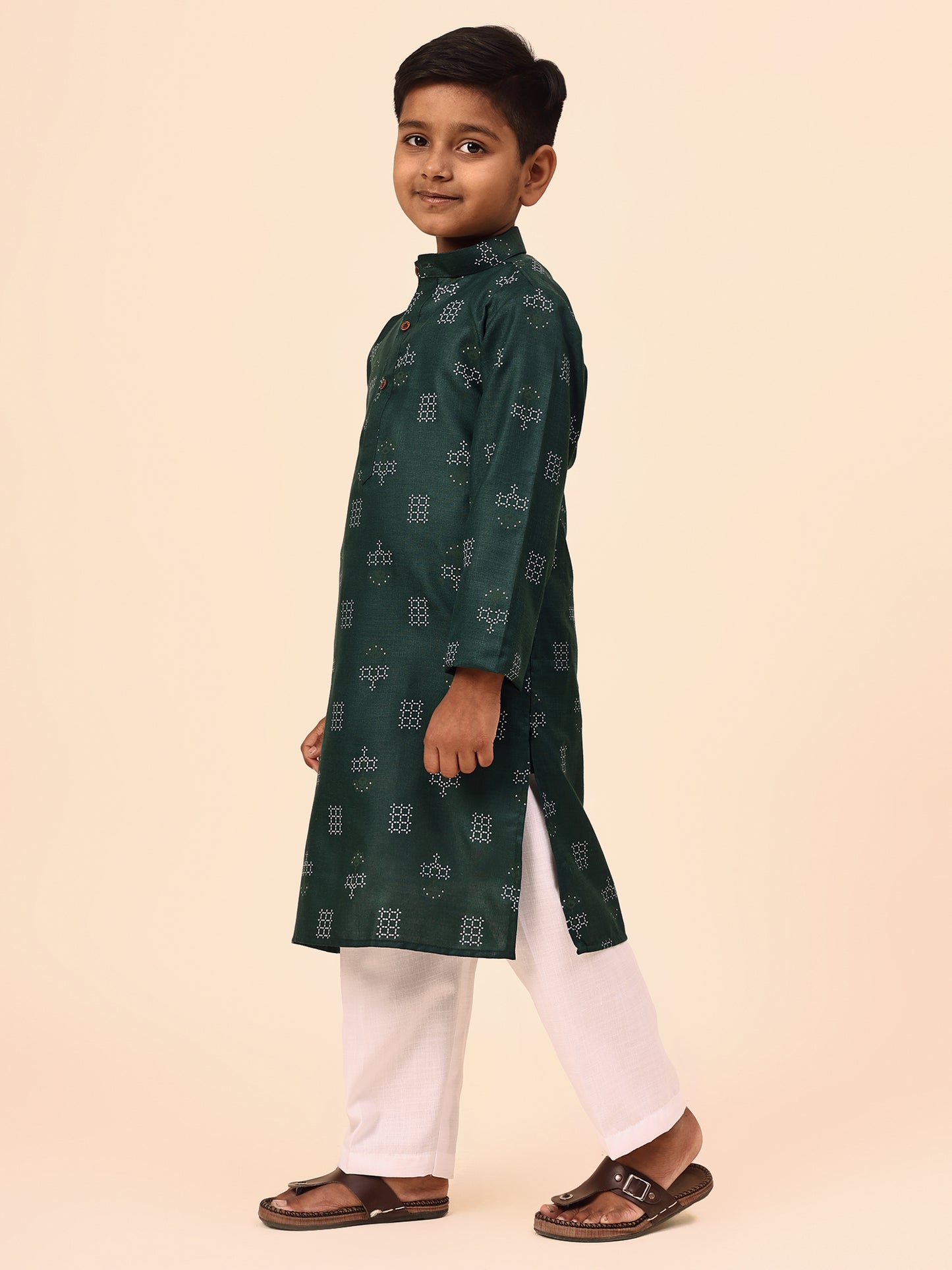Karnam Junior - Boys Bottle Green Printed Cotton Long Kurta Top