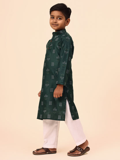 Karnam Junior - Boys Bottle Green Printed Cotton Long Kurta Top