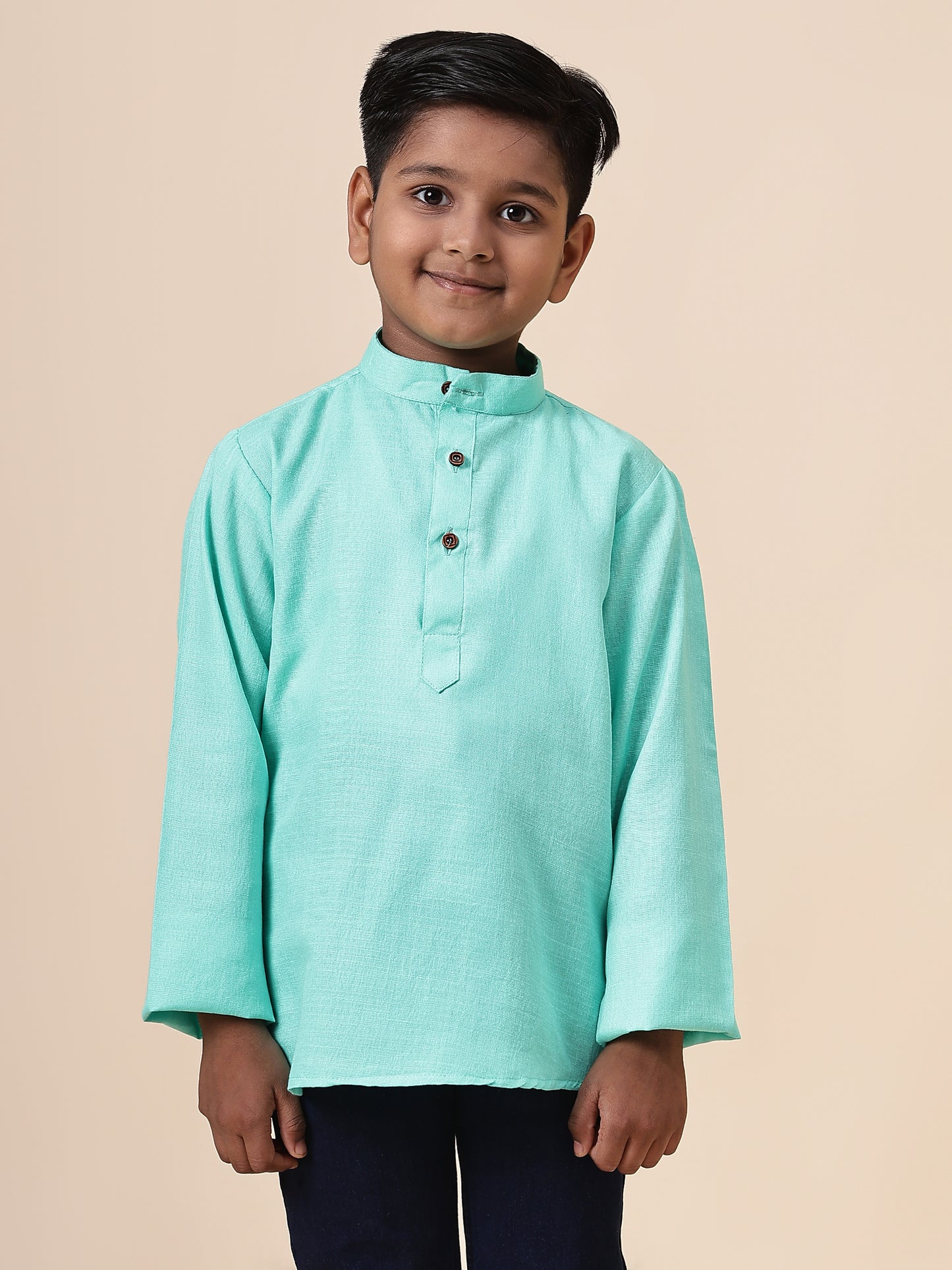 Karnam Junior - Boys Bright Turquoise Cotton Short Kurta