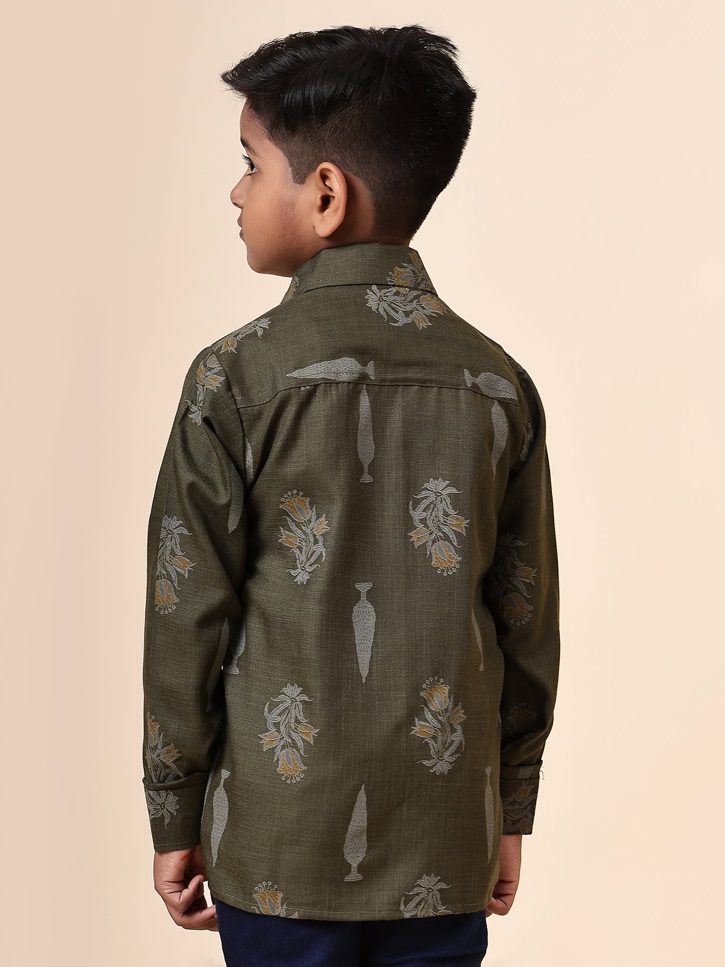 Karnam Junior - Boys Olive Green Foliage Printed Cotton Shirt