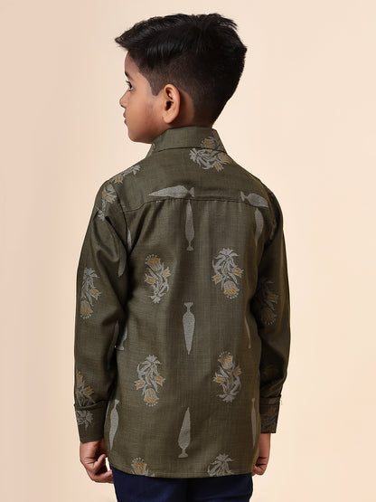 Karnam Junior - Boys Olive Green Foliage Printed Cotton Shirt