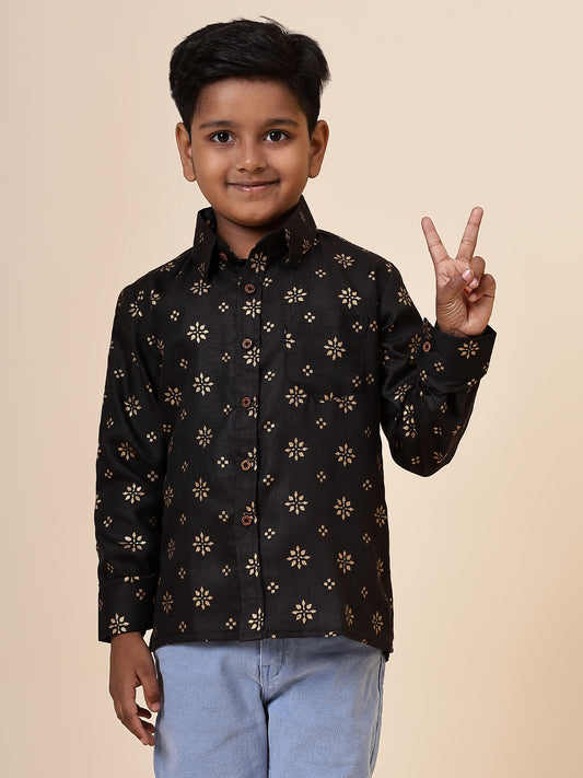 Karnam Junior - Boys Black and Gold Cotton Shirt