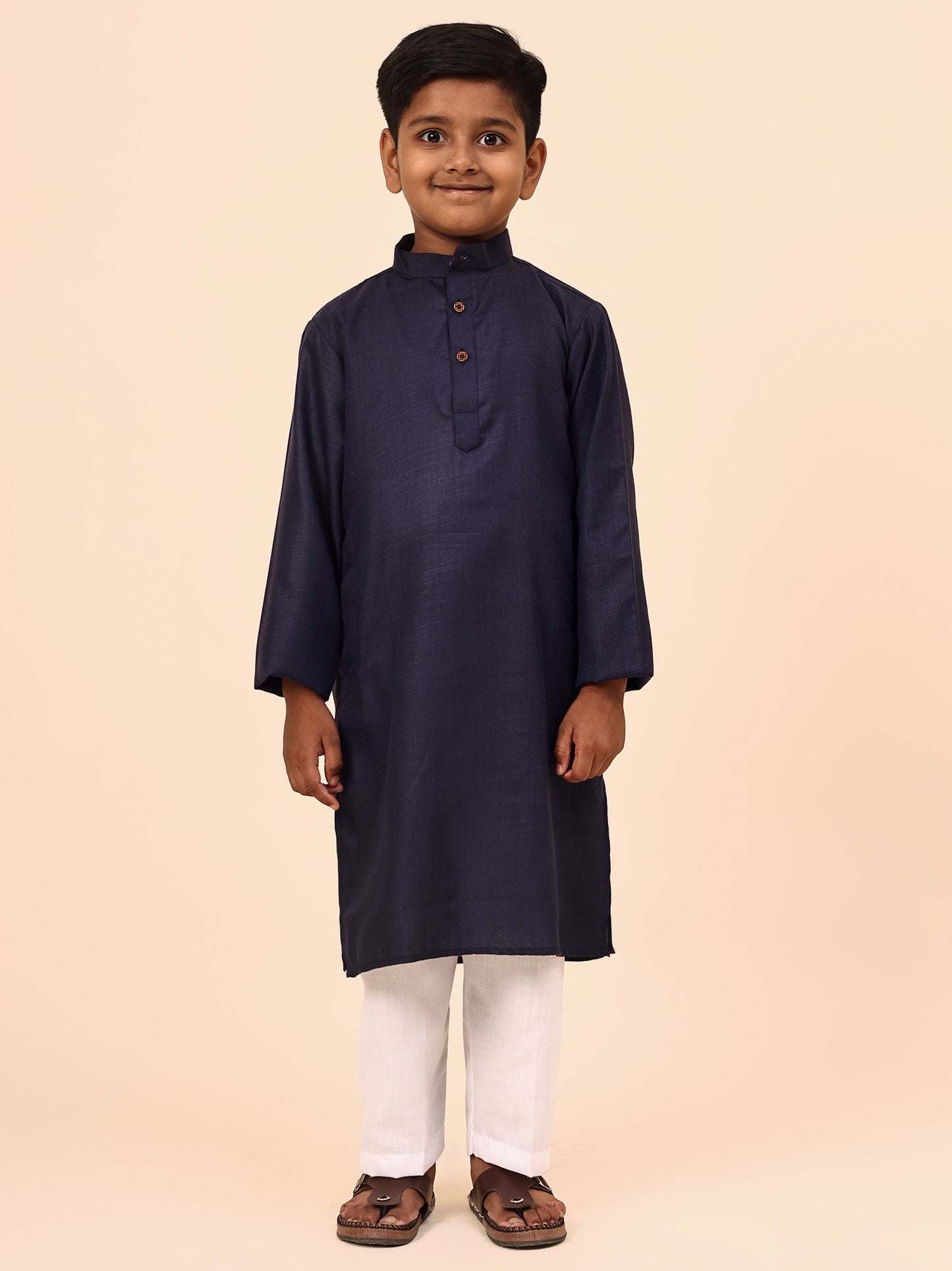 Karnam Junior - Boys Navy Blue Cotton Kurta Set