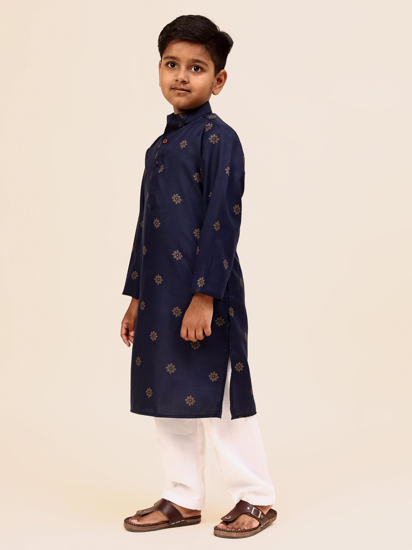 Karnam Junior - Boys Blue and Gold Printed Cotton Long Kurta Top