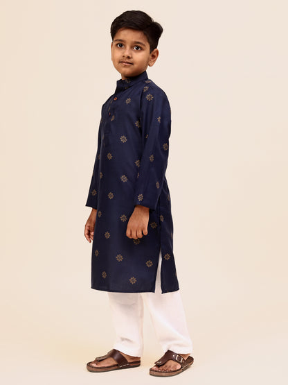 Karnam Junior - Boys Blue and Gold Printed Cotton Long Kurta Top