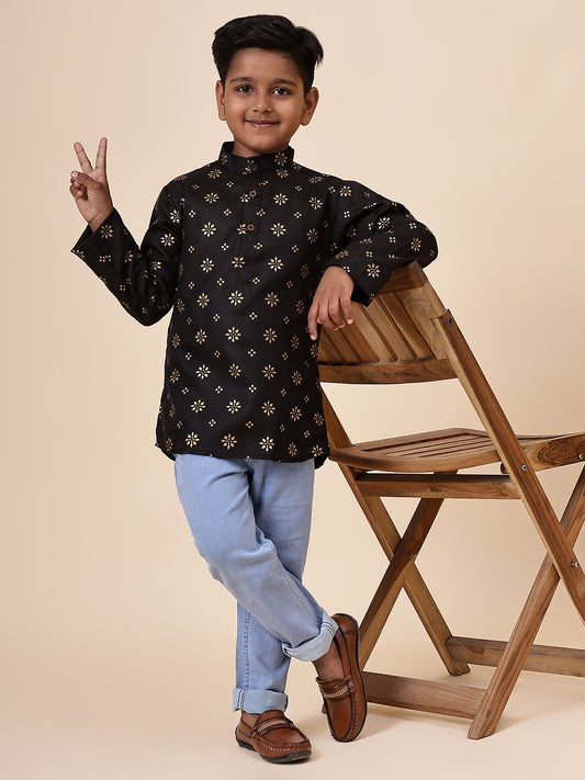 Karnam Junior - Boys Black and Gold Cotton Short Kurta