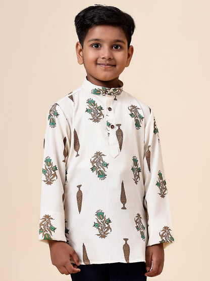 Karnam Junior - Boys Cream Foliage Cotton Short Kurta
