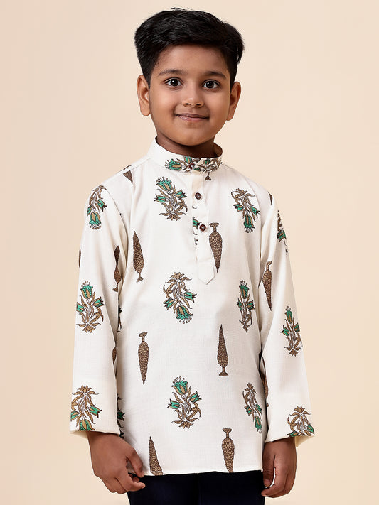 Karnam Junior - Boys Cream Foliage Cotton Short Kurta