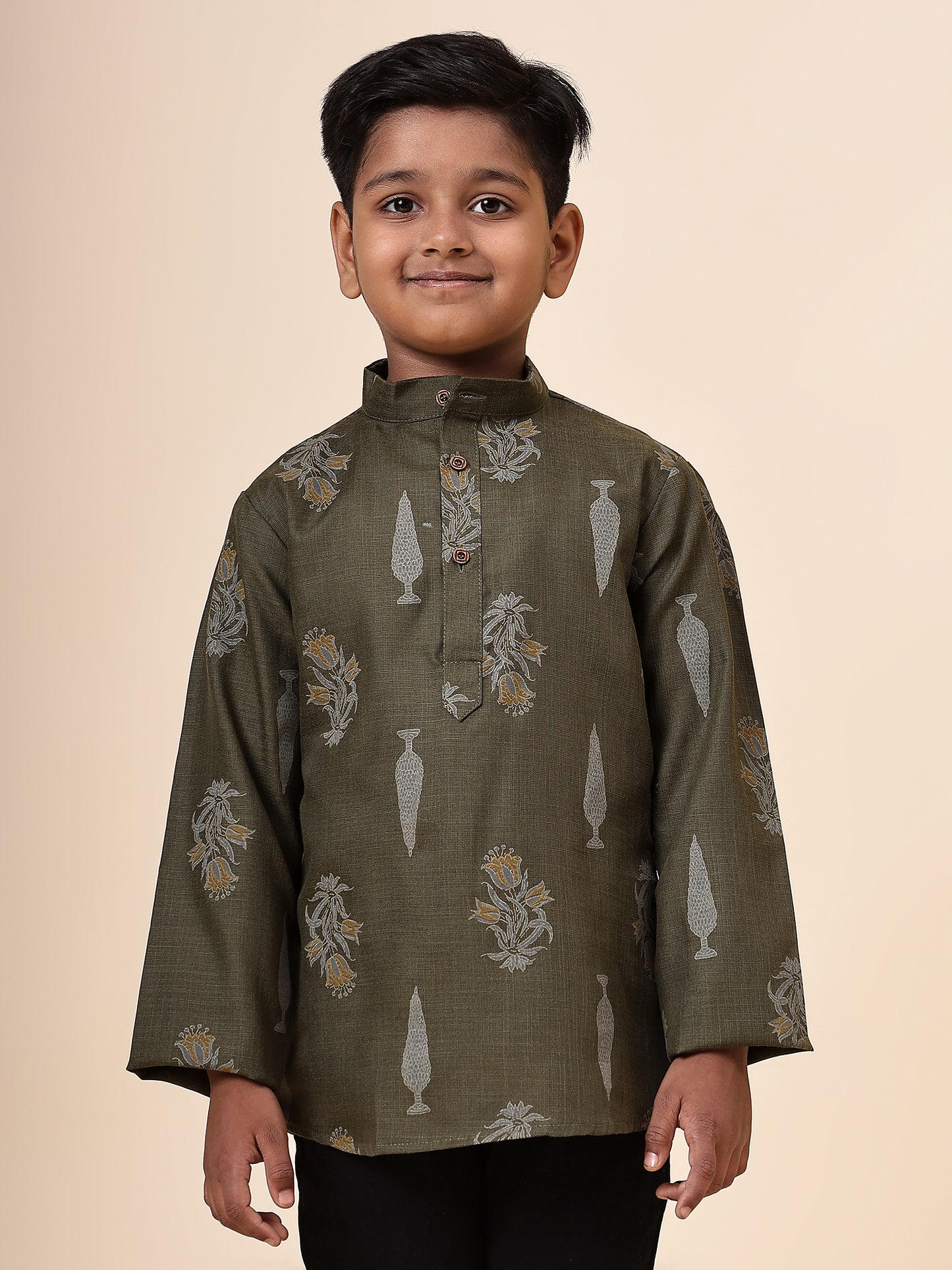Karnam Junior - Boys Olive Green Foliage Cotton Short Kurta