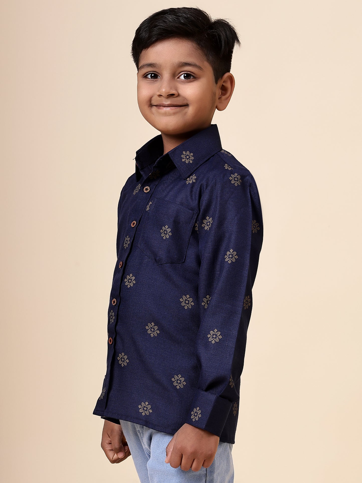 Karnam Junior - Boys Blue and Gold Cotton Shirt