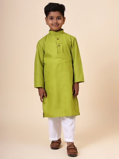 Karnam Junior - Boys Olive Green Cotton Kurta Set