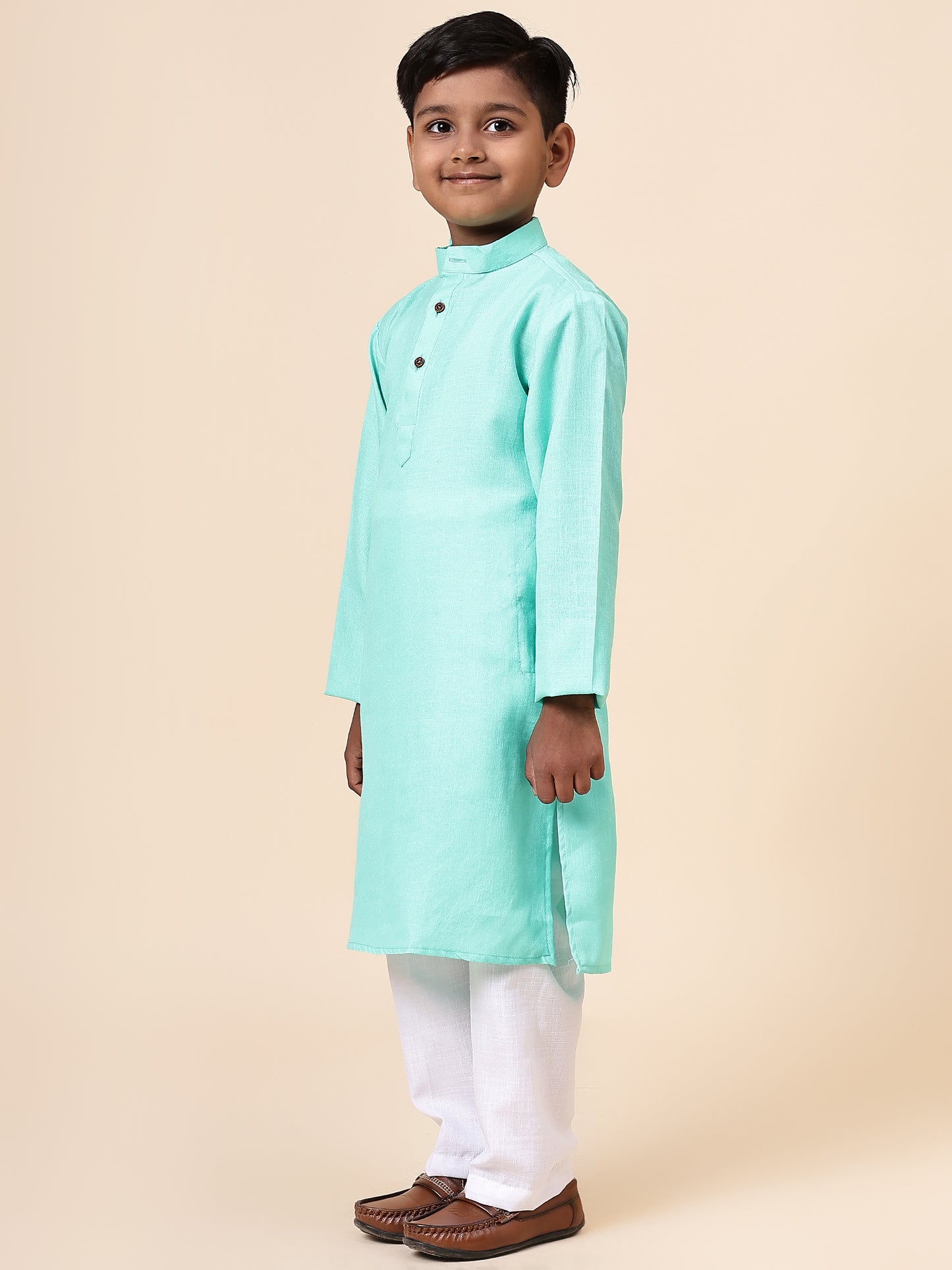 Karnam Junior - Boys Turquoise Blue Cotton Kurta Set
