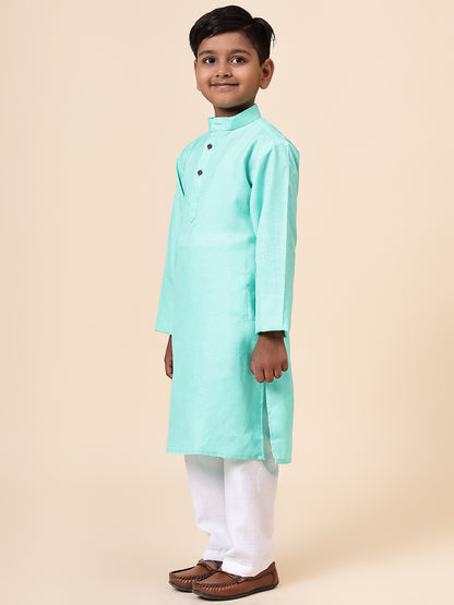 Karnam Junior - Boys Turquoise Blue Cotton Kurta Set