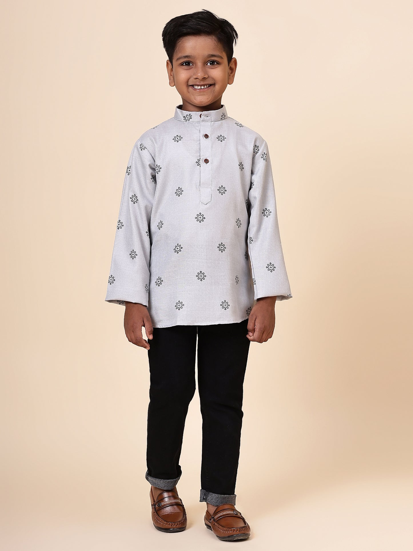 Karnam Junior - Boys Grey Printed Cotton Short Kurta