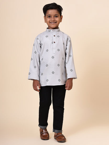 Karnam Junior - Boys Grey Printed Cotton Short Kurta