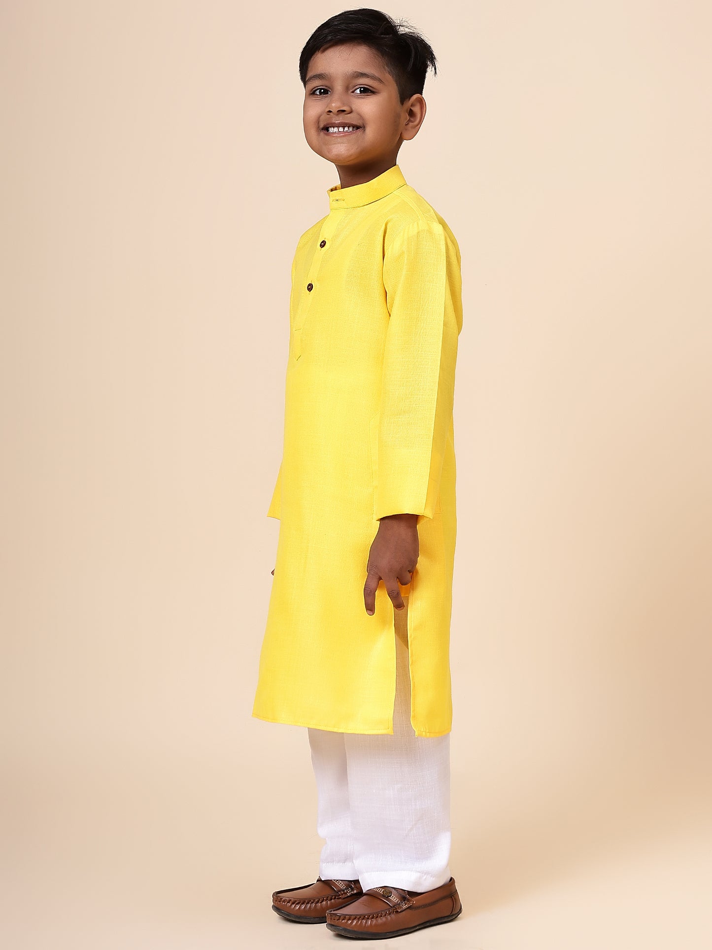 Karnam Junior - Boys Yellow Cotton Kurta Set