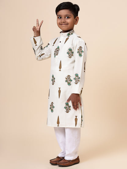 Karnam Junior - Boys Cream Foliage Printed Cotton Long Kurta Top