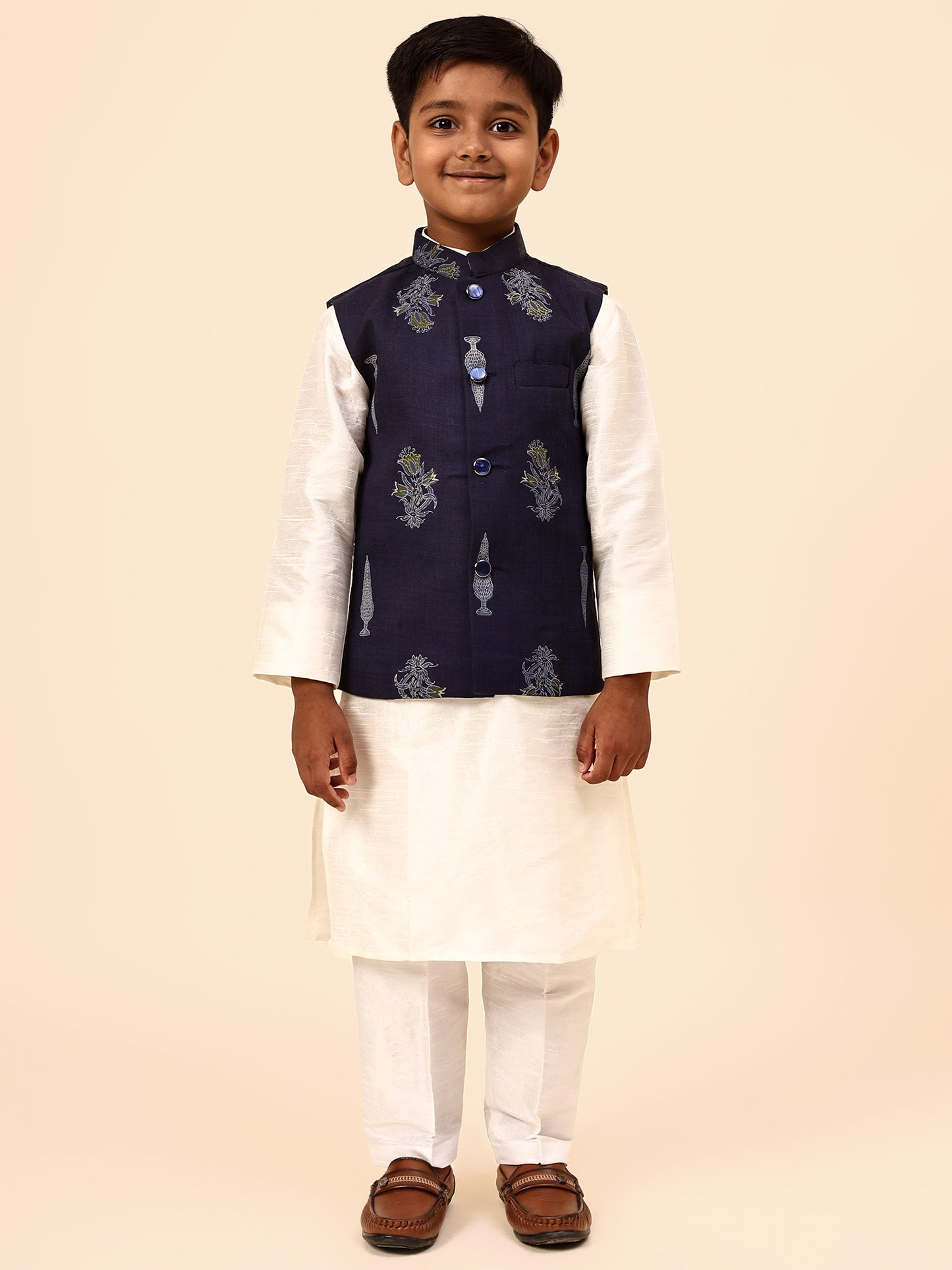Karnam Junior - Boys Navy Blue Foliage Printed Jacket Set