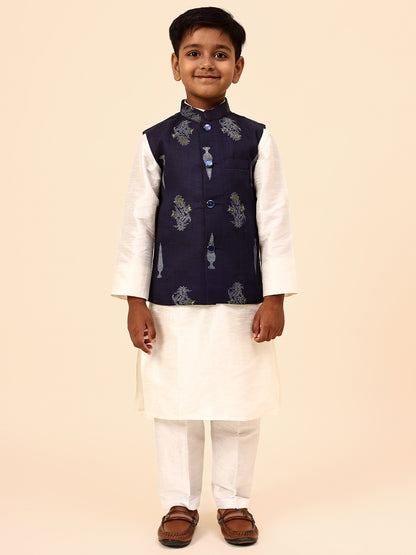 Karnam Junior - Boys Navy Blue Foliage Printed Jacket Set