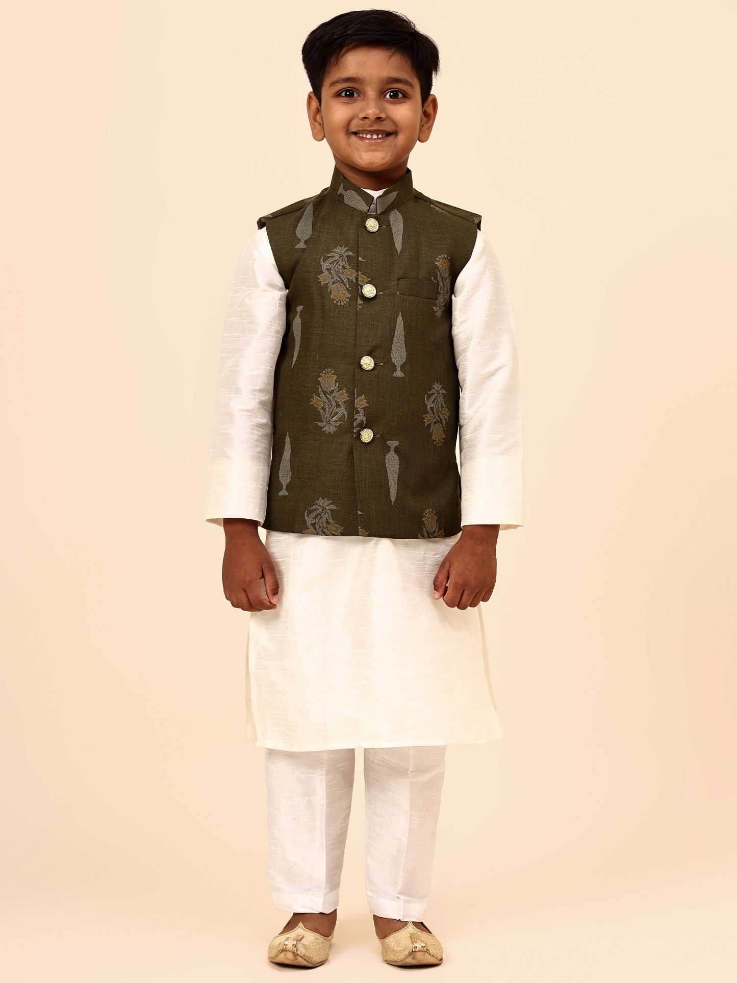 Karnam Junior - Boys Olive Green Foliage Printed Jacket Set