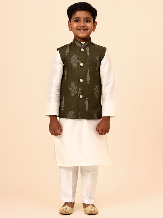 Karnam Junior - Boys Olive Green Foliage Printed Jacket Set
