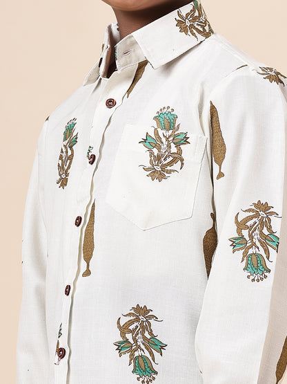 Karnam Junior - Boys Cream Foliage Printed Cotton Shirt