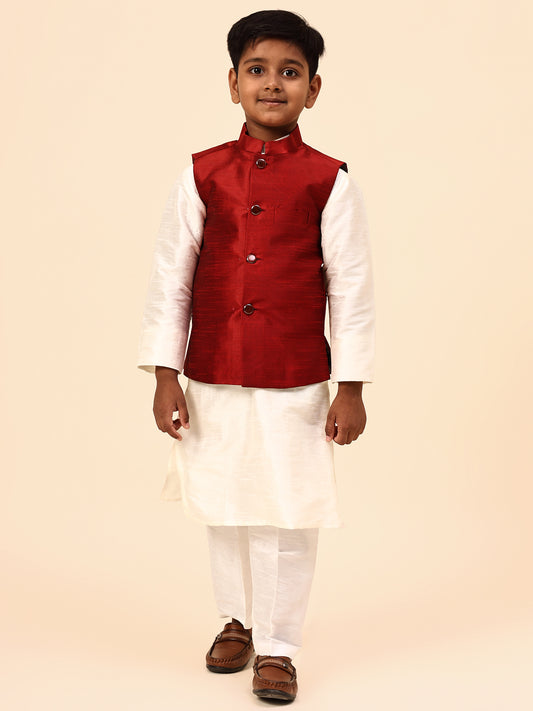 Karnam Junior - Boys Maroon Silk Jacket Set